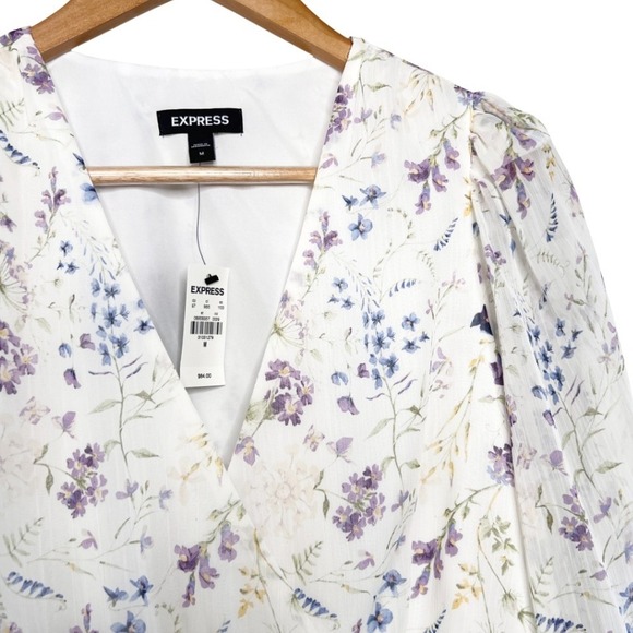 Express NWT Womens Floral Chiffon Peplum Wrap Long Sleeve Purple Cream Size M - Picture 3 of 8